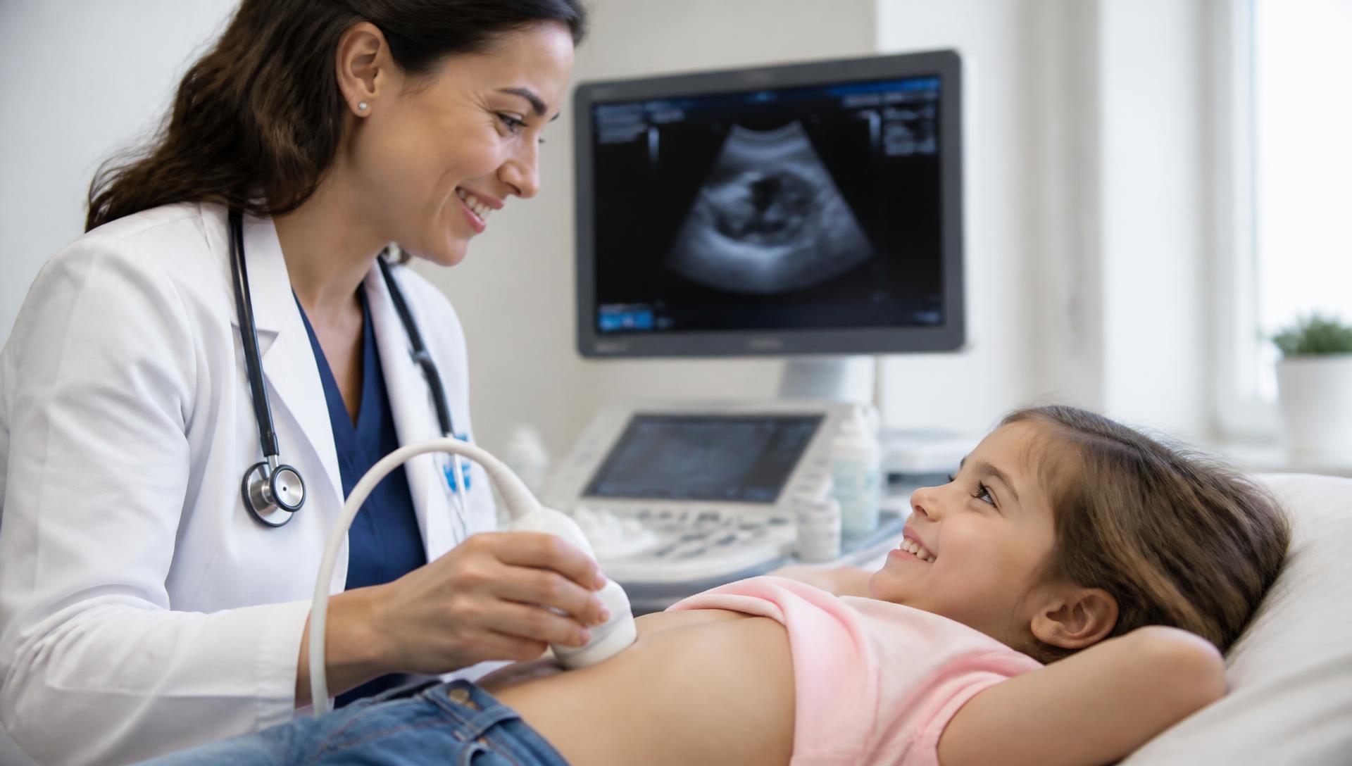 Médica realizando ultrassom pediátrico em criança sorrindo